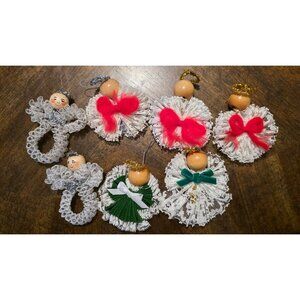 Vintage Handmade Lace Angel Christmas Ornaments w Wooden Heads Tinsel Halo